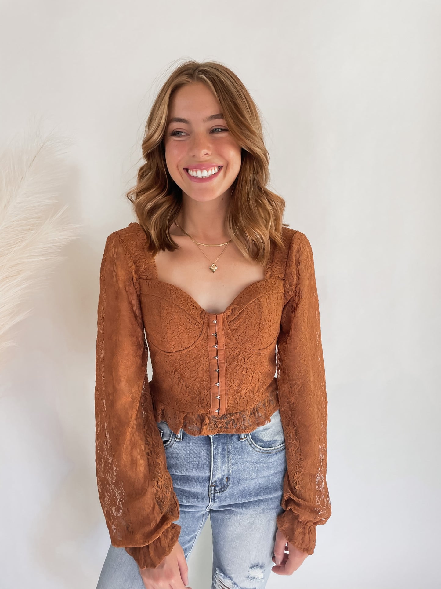 Rust Lace Flounce Sleeve Corset Top