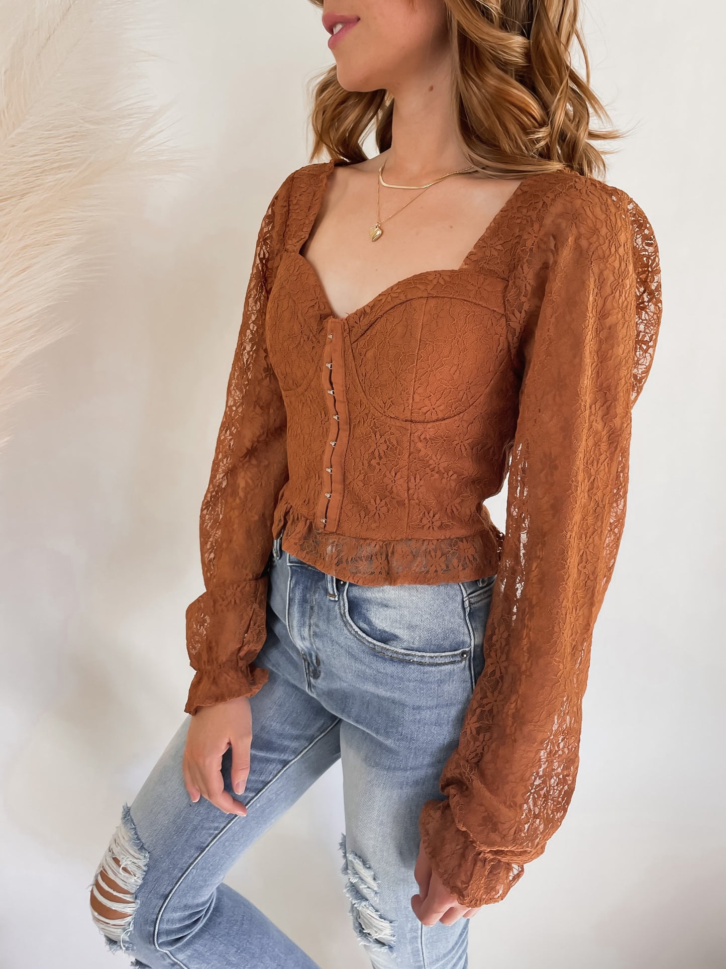 Rust Lace Flounce Sleeve Corset Top