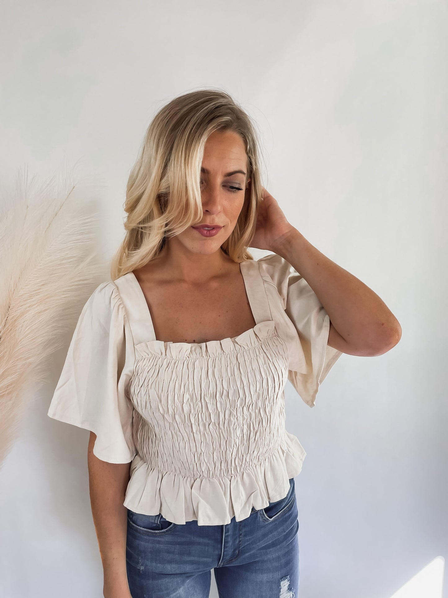 Smocked Frill Trim Peplum Top