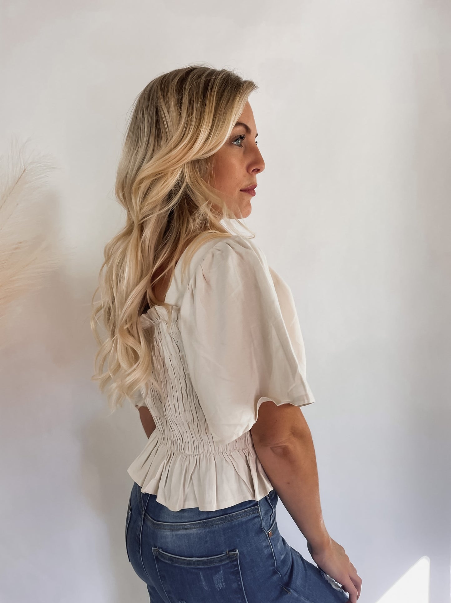 Smocked Frill Trim Peplum Top