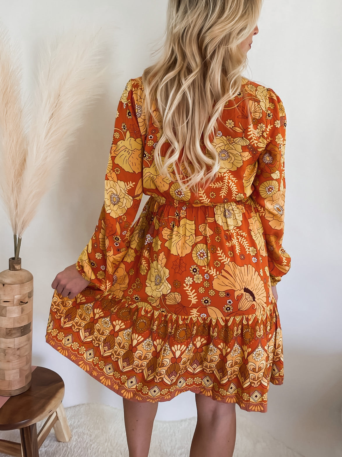 Floral Drawstring Waist Puff Sleeve Dress